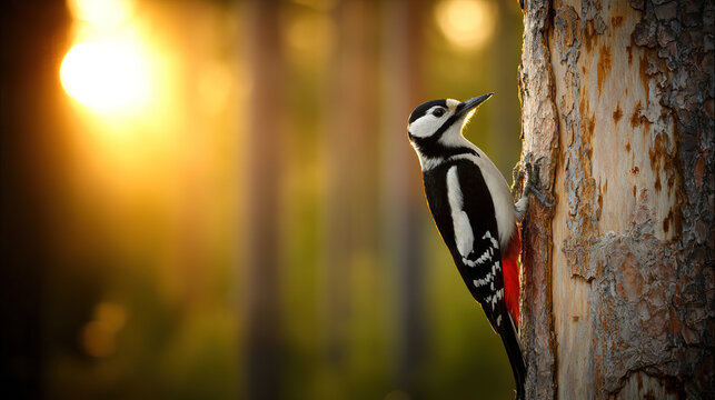 woodpecker. Woodpecker perched on tree trunk captured mid-peck in morning forest light. wildlife magazines, conservation campaigns, designed for eco-tourism storytelling.
