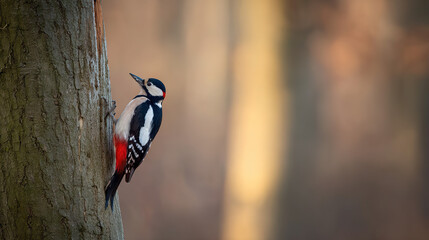 woodpecker. Woodpecker perched on tree trunk captured mid-peck in morning forest light. wildlife magazines, conservation campaigns, designed for eco-tourism storytelling.

