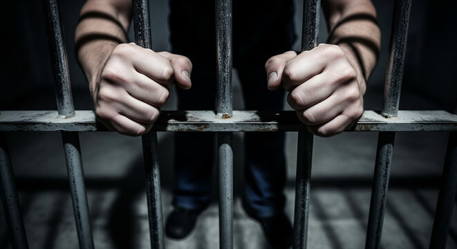 Prisi&oacute;n &ndash; las manos de un recluso sujetan los barrotes en un primer plano.
