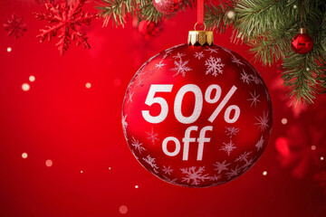Christmas tree ball with 50% off. Christmas sale background. New year super sale. Retail promotions, discount events and social media marketing, big sale offer. Red festive background