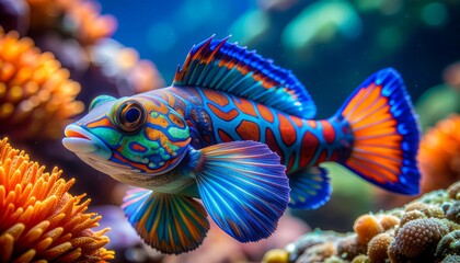 Vibrant mandarin fish swims in a coral reef with colorful anemones and other marine life.