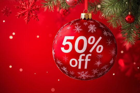 Christmas tree ball with 50% off. Christmas sale background. New year super sale. Retail promotions, discount events and social media marketing, big sale offer. Red festive background