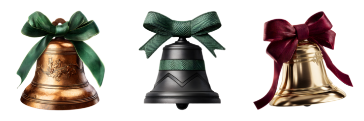 Set of metallic Christmas bells with green and red ribbons, isolated on transparent background