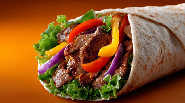 Appetizing wrap filled with fresh lettuce, succulent steak, vibrant red and yellow peppers is visually inviting