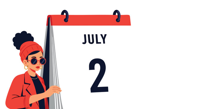 Stylish illustration marking July 2nd on a calendar with a contemporary woman character celebrating a special moment