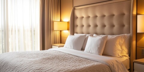 A neatly made bed with a beige headboard, white pillows, and a white sheet, illuminated by warm lighting from bedside lamps.