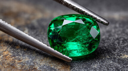 Vibrant green emerald gemstone shimmers with captivating brilliance, held gently by silver tweezers, radiating pure elegance and luxury
