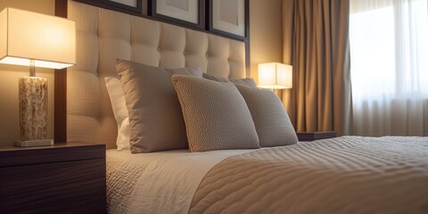 A neatly made bed with a white headboard, beige pillows, and a beige comforter, with a wooden nightstand and a lamp on each side.