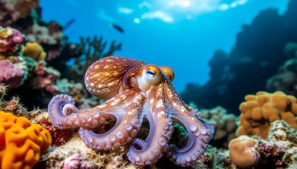 An octopus rests among colorful coral formations in a vibrant underwater scene, with clear blue water above.