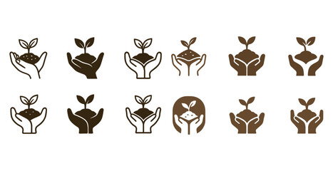 Collection of diverse hands holding seedlings icons