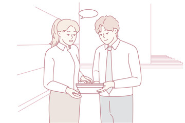 Businesspeople hold document discuss business ideas in office. Colleagues or coworkers talk brainstorm about paper work. Teamwork. Vector illustration.
