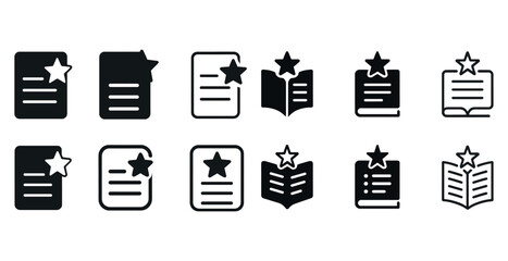 Set of starred document and book icons in various styles on white background