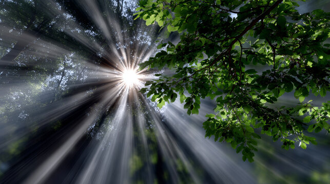 Here description and keyword list based image and guidelines Sunlight beams through canopy above, creating hopeful and ethereal atmosphere nature. leaves create serene and peaceful surrounding