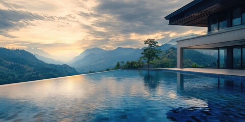 A modern, luxurious infinity pool with a stunning mountain view at sunset, featuring a wooden deck and a glass wall.