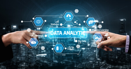 Two hands reach toward a vibrant digital interface showcasing data analytics, featuring icons for statistics, network connectivity, and machine learning in a dynamic city backdrop. Tessel