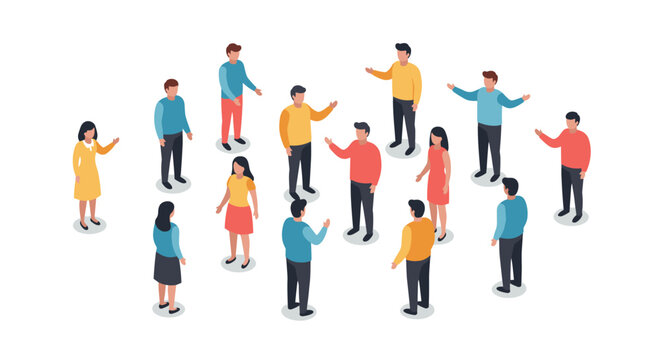 Diverse group of people in isometric style engaging in conversation
