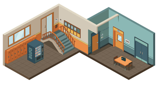 Isometric school hallway with staircase, lockers, and vending machine
