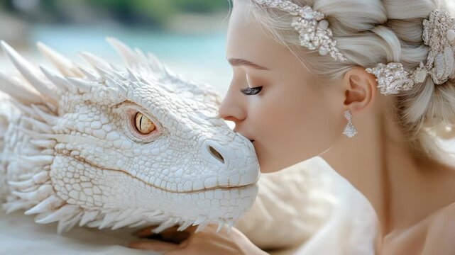 close-up view of wonderful girl with her dragon fantasy portrait elegant woman mythical creature artistic composition