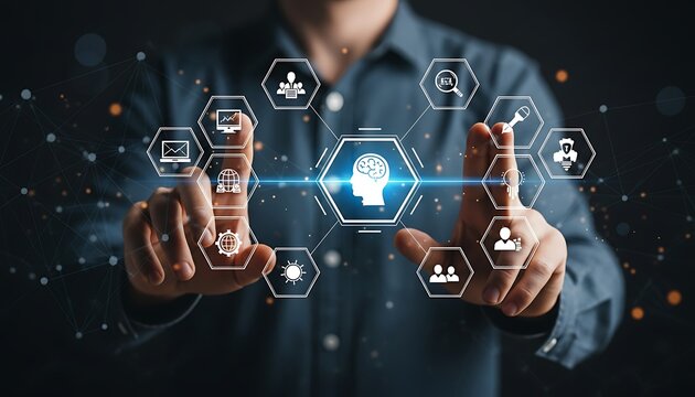 Person interacting with a digital network of artificial intelligence and technology icons, representing data and innovation