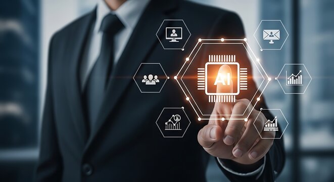 Businessman touching a digital interface with artificial intelligence and business icons, representing technology and innovation