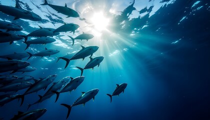 A school of tuna swims in the deep blue ocean, illuminated by bright sunlight filtering through the water's surface.