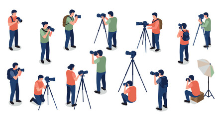 Diverse photographers in action with cameras and tripods in an isometric style