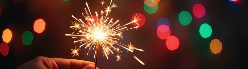 Fototapeta premium Someone holding a sparkler in their hand with a lot of lights in the background