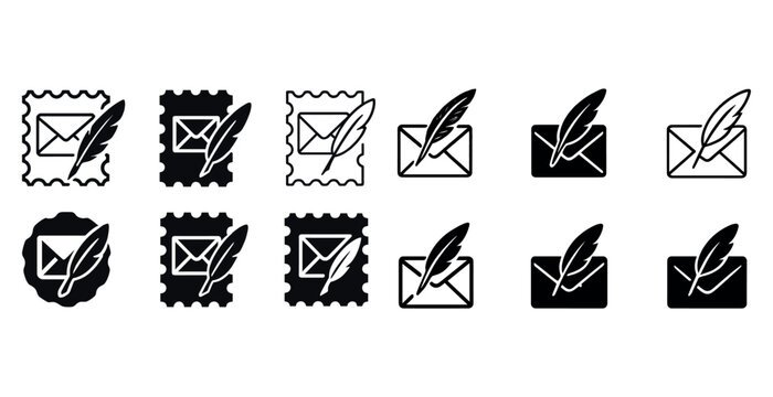 Set of email and quill stamp icons for communication themes