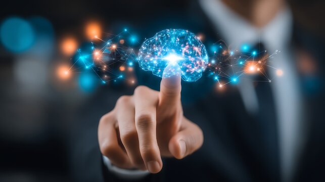 Businessman Interacting with Futuristic Digital Brain Concept Signifying Artificial Intelligence and Innovation