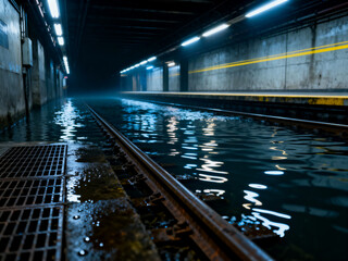 Flooded underground train tunnel with reflective water covering the railway tracks
