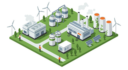 Sustainable energy plant with wind turbines and solar panels in isometric style