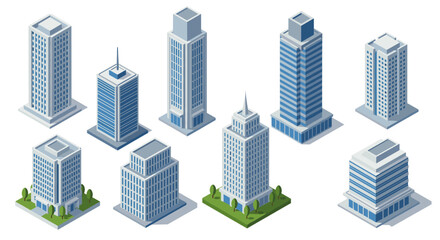 Modern isometric skyscrapers set with green space
