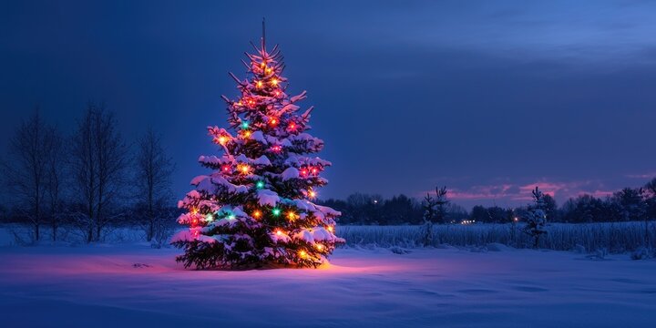 A beautifully lit Christmas tree adorned with colorful lights and ornaments stands in a snowy field at dusk, surrounded by bare trees and a serene, snowy landscape.