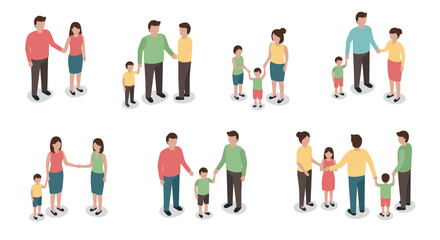 Diverse family interactions in isometric style on white background