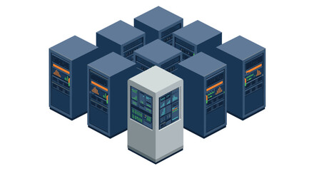 Isometric data center servers network with digital panels and modern design