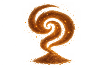 Golden sand dust forming a magic spell vortex, sparkling with glowing particles and radiant energy on a transparent background