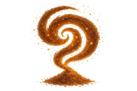 Golden sand dust forming a magic spell vortex, sparkling with glowing particles and radiant energy on a transparent background