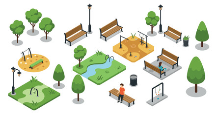 Isometric park elements with benches, trees, and playground in minimalist design