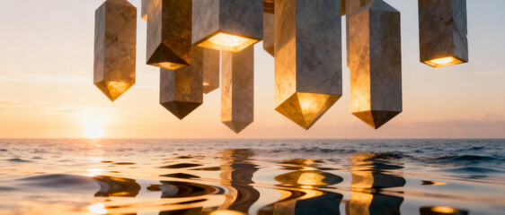 Floating illuminated crystal pillars hovering above ocean water at golden sunset
