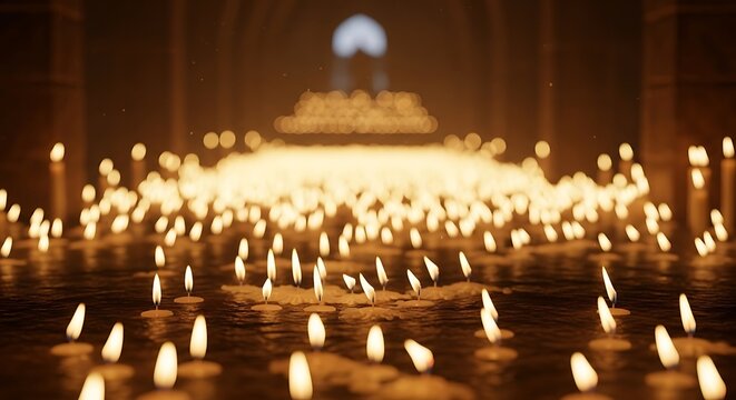 Numerous glowing candles illuminate a dimly lit church altar with a soft warm light creating a spiritual atmosphere