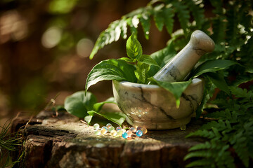 Herbal medicine preparation with mortar and pestle for natural remedies