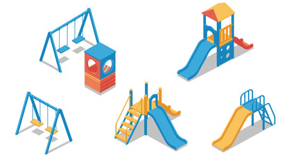 Obraz premium Colorful playground equipment set with slides and swings in isometric style