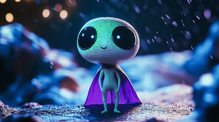 Playful alien character with glowing green skin and purple cape in a whimsical cosmic setting