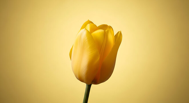 A single yellow tulip flower with a green stem against a soft yellow background in a studio setting