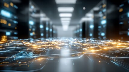 Futuristic Data Center with Glowing Network Connections and Digital Infrastructure Representation