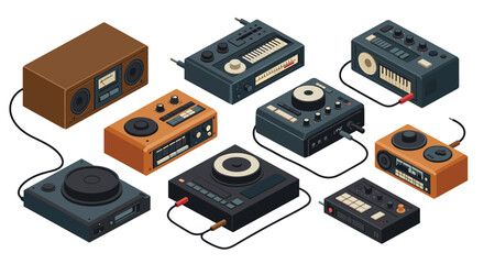 Retro audio equipment set: isometric design of vintage radios and tape recorders