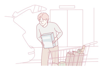 Happy young man loading groceries in car. Smiling guy putting products from supermarket in automobile. Shopping concept. Vector illustration.