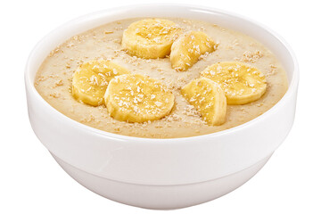 tigela com mingau de aveia com banana isolado em fundo transparente