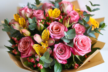 Beautiful Bouquet of Pink Roses and Yellow Flowers Arranged for a Special Occasion Indoors