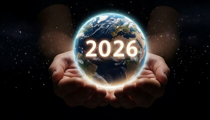 Hands holding planet earth with the year 2026 glowing brightly in the center, symbolizing the future and global change
